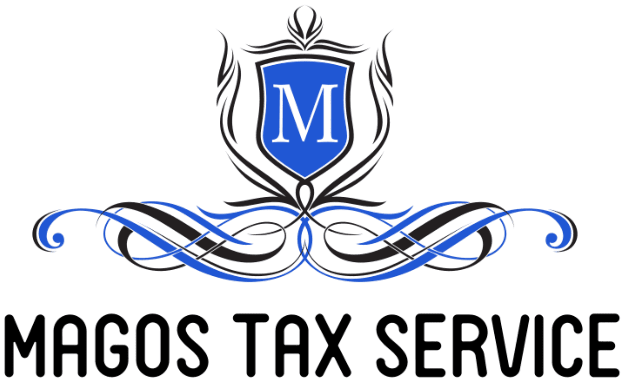 Logo of Magos Tax Service with a blue shield featuring the letter "M," surrounded by black and blue ornamental designs.